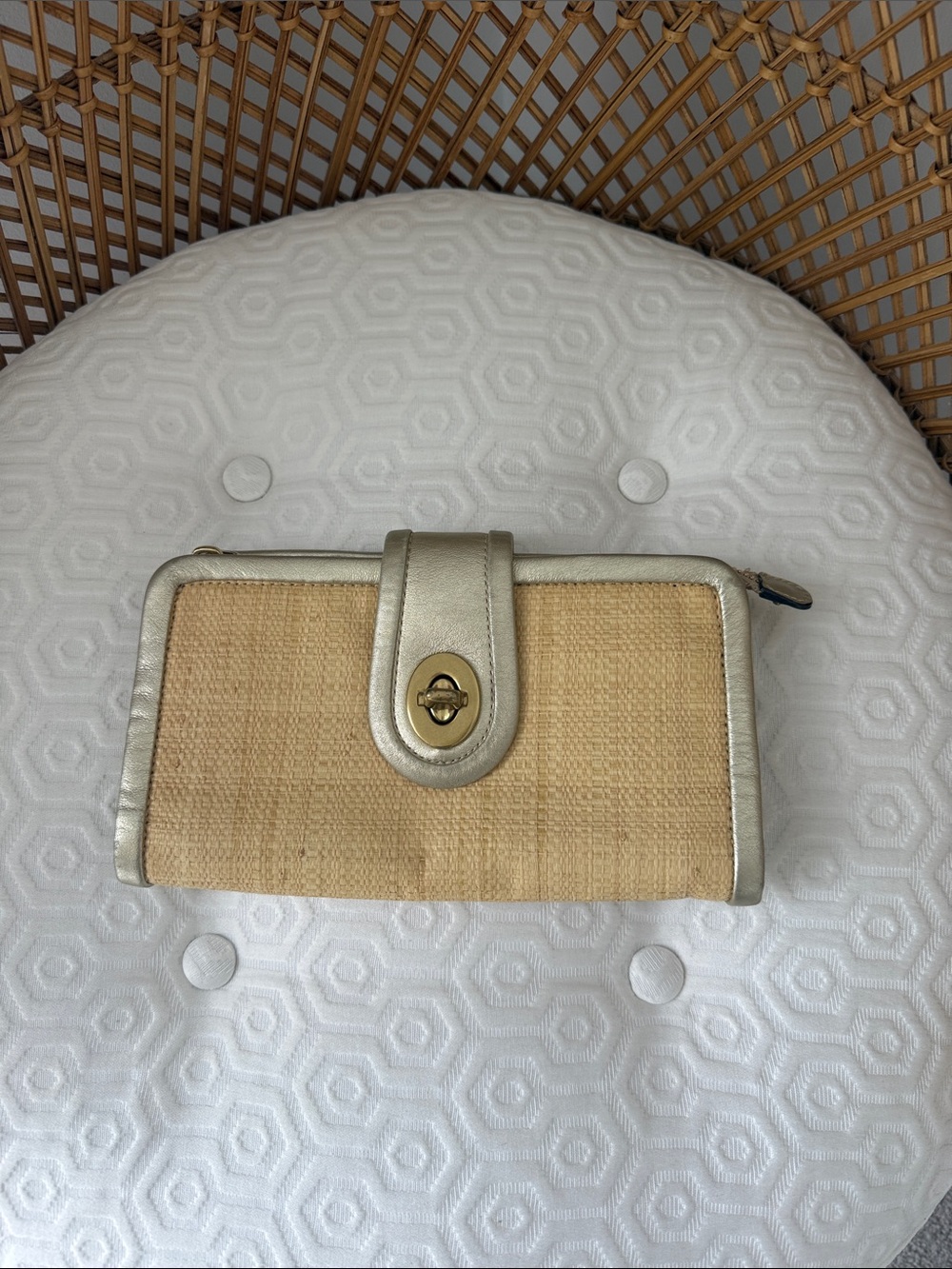 Coach Beige Straw Clutch with Metallic Gold Trim